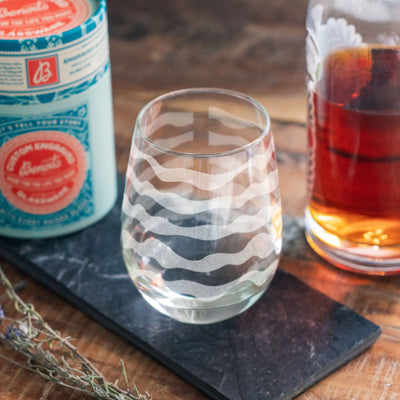 Groovy Stripes Engraved Glasses | Custom beer, whiskey, wine & cocktail glassware. Retro style. Hippy vibes. Fun beachy home decor.