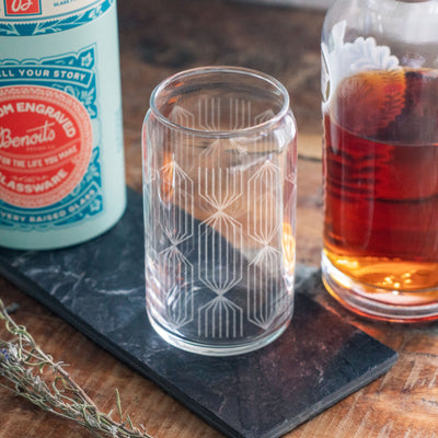 Art Deco Diamond Print Engraved Glasses | Custom beer, whiskey, wine & cocktail glassware. Retro classic style. Minimal Geometric home decor