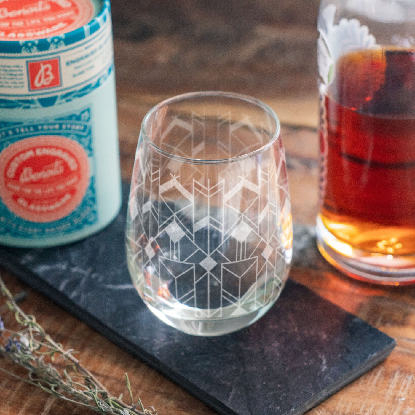 Art Deco Geo Print Engraved Glasses | Custom beer, whiskey, wine & cocktail glassware. Retro classic style. Minimal Geometric home decor. 2