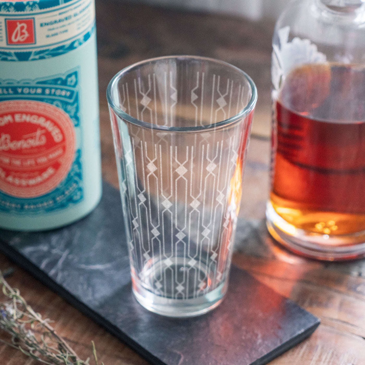 Art Deco Geo Print Engraved Glasses | Custom beer, whiskey, wine & cocktail glassware. Retro classic style. Minimal Geometric home decor. 1