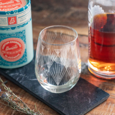 Art Deco Starburst Print Engraved Glasses | Beer, whiskey, wine & cocktail glassware. Retro classic style. Minimal Geometric home deco