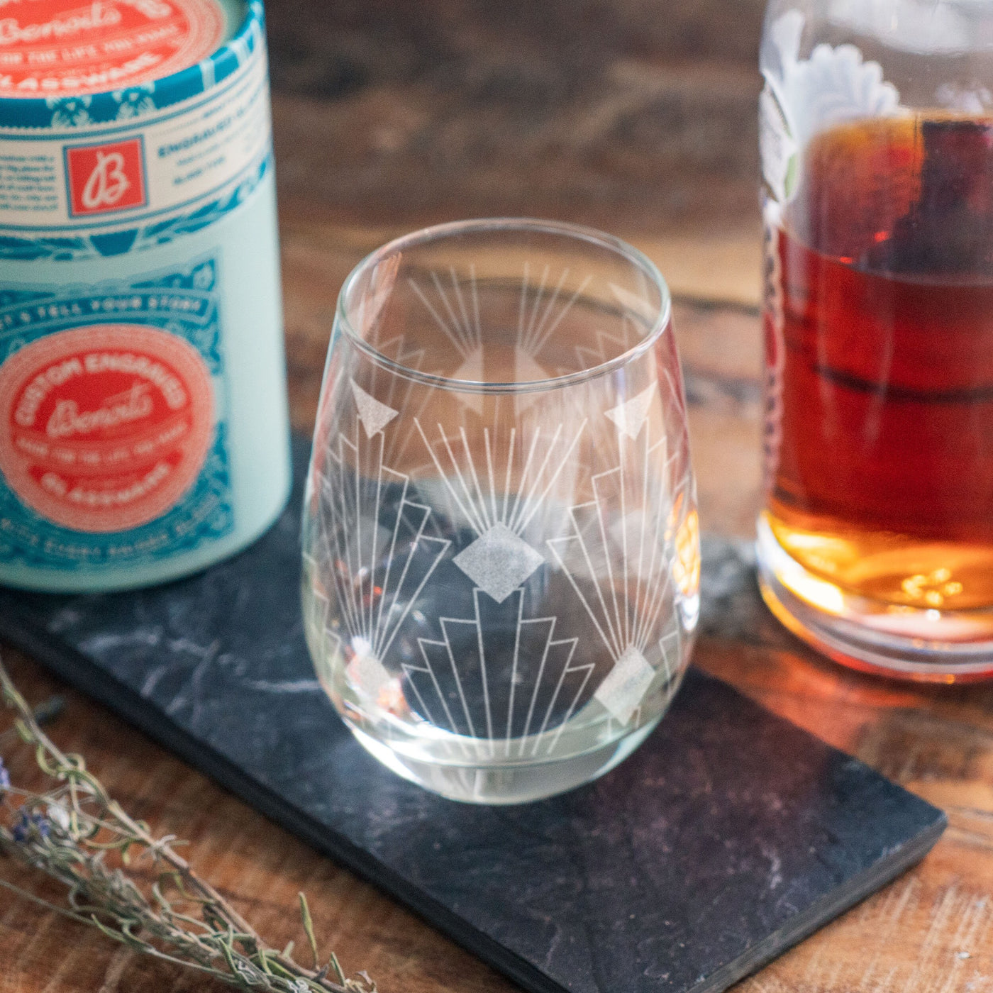 Art Deco Fan Print Engraved Glasses | Custom beer, whiskey, wine & cocktail glassware. Retro classic style. Minimal Geometric home decor.