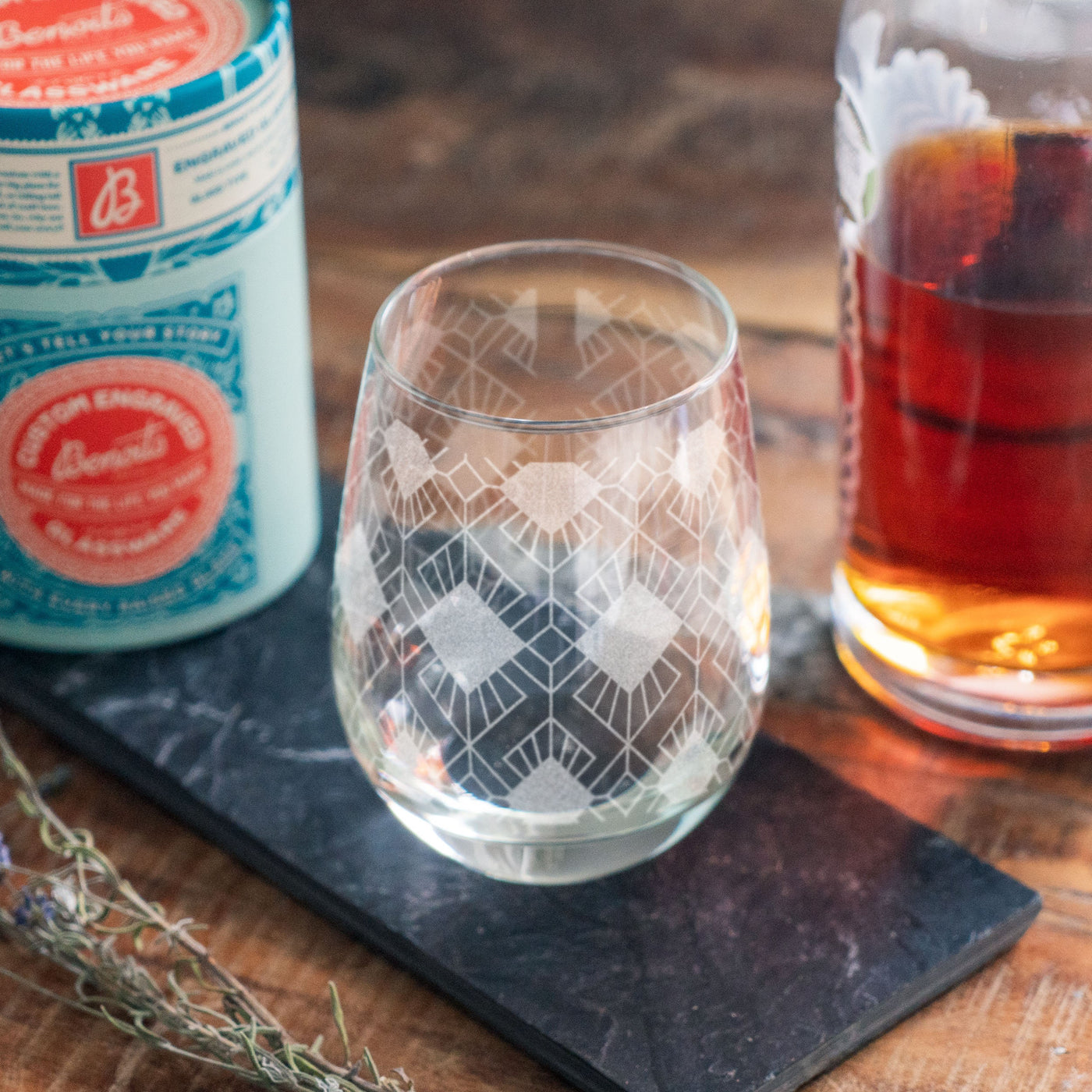 Art Deco Geo Print Engraved Glasses | Custom beer, whiskey, wine & cocktail glassware. Retro classic style. Minimal Geometric home decor. 3