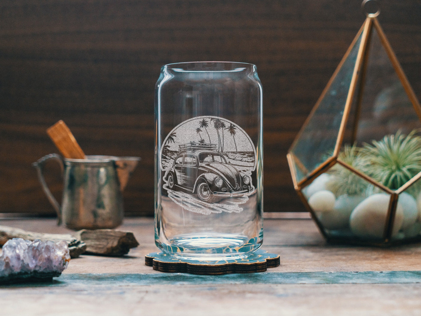 Beach Bug Scene Glasses | Personalized etched beer, whiskey, wine & cocktail glassware. Beach Coast Lifestyle gift, Tropical Summer Vibes.