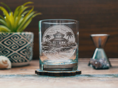 Beach House Scene Glasses | Personalized etched beer, whiskey, wine & cocktail glassware. Beach Coast Lifestyle gift, Tropical Summer Vibes.