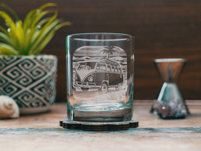 Beach Bus Scene Glasses | Personalized etched beer, whiskey, wine & cocktail glassware. Beach Coast Lifestyle gift, Tropical Summer Vibes.