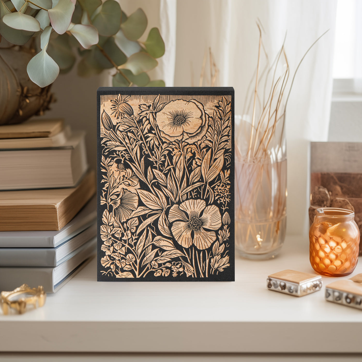 Wildflowers Mini Engraved Birch Wood Panel | Block Print Style Floral Wall Art, Rustic Flora Illustration Print, Farmhouse Home Decor Gift