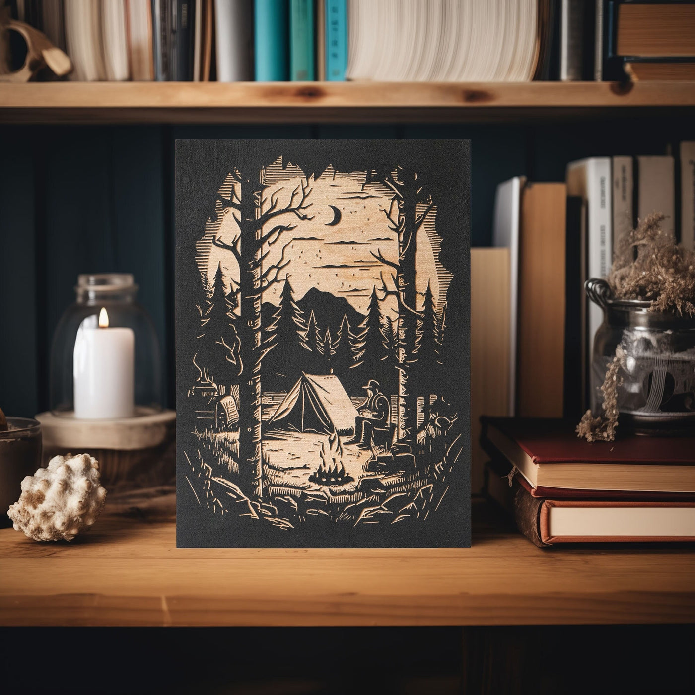 Camping in the Woods Scene Mini Engraved Birch Wood Panel