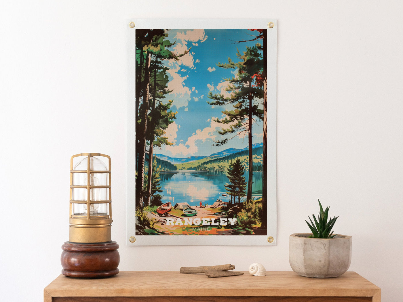 Custom Travel Poster Felt Banner | Lake Camp Illustration, Personalized destination art, Vintage home decor, Sentimental location gift