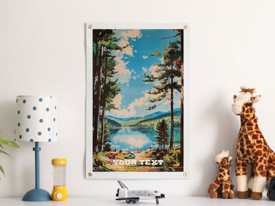Custom Travel Poster Felt Banner | Lake Camp Illustration, Personalized destination art, Vintage home decor, Sentimental location gift