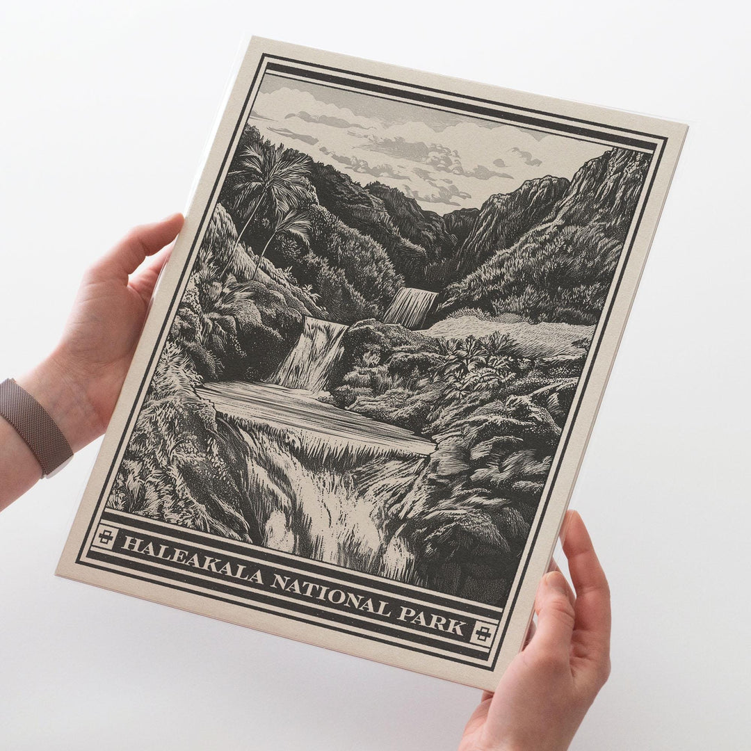 Haleakala National Park Seven Sacred Pools Lithograph Style Print - Vintage Maui Hawaii archival matte fine art print. Gift Waterfall Hawaii