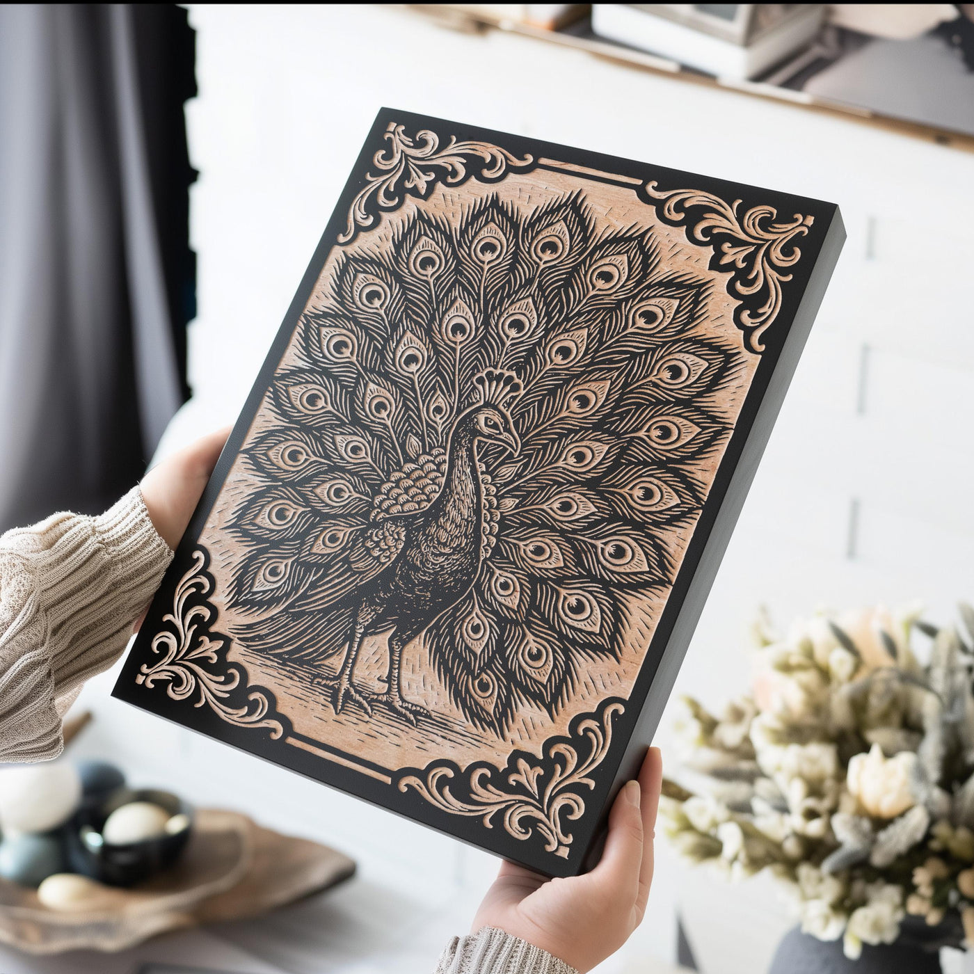 Peacock Engraved Birch Illustration