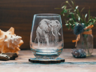 Elephant Glasses | Personalized Safari Whiskey, Wine & Beer Etched Glassware Gift, African Wildlife Themed Drinkware, Memorable Trip Gift.