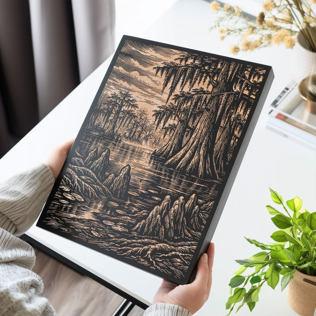 Misty Cypress Swamp Engraved Birch Art Panel