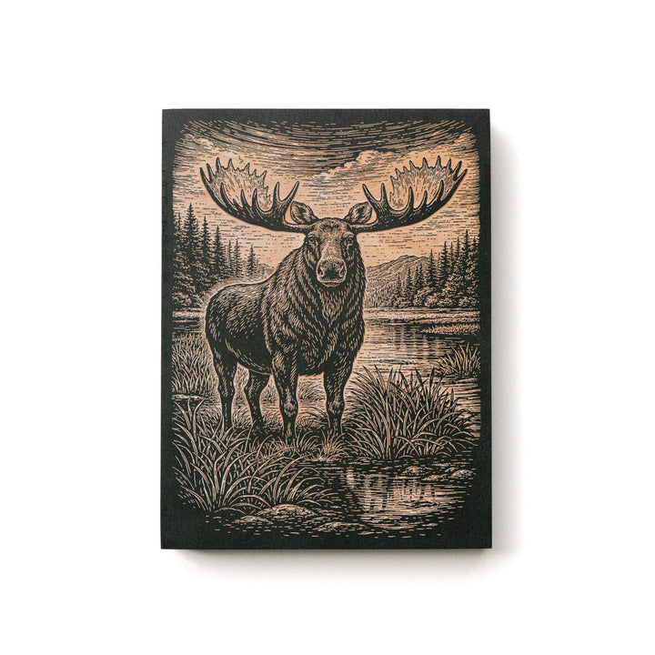 Bull Moose in Marshy Wilderness Engraved Birch Art Panel