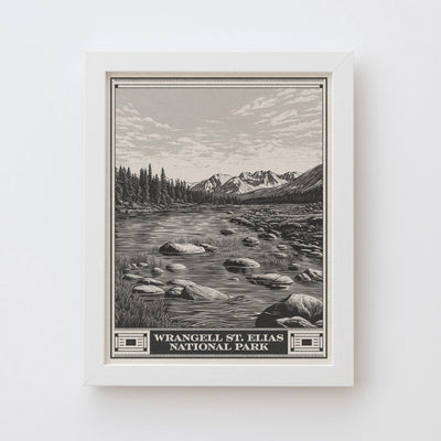 Wrangell St Elias National Park Lithograph Style Print - Vintage Alaska archival matte fine art print gift Alaskan Volcano Glacier Mountains