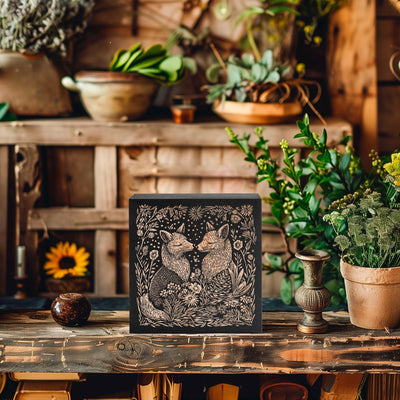 Fox Couple Engraved Birch Wood Panel