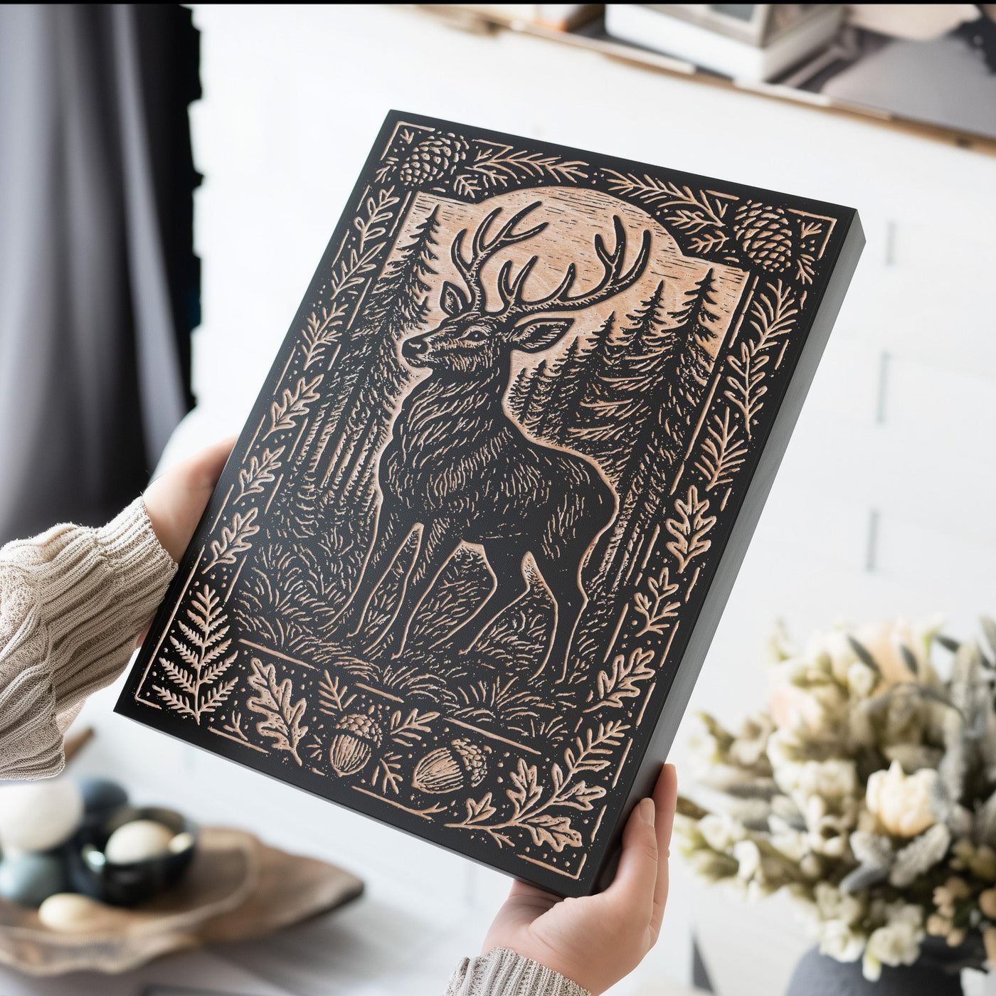 Deer in the Forest Engraved Birch Illustration