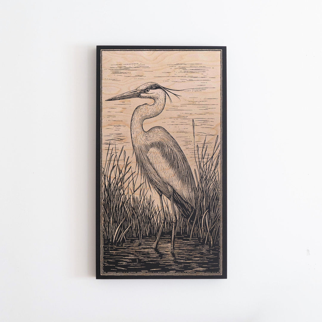 Great Blue Heron Engraved Birch Wood Panel | Block Print Inspired Bird Wall Art, Nature Lovers Illustration Print, Coastal Home Decor Gift