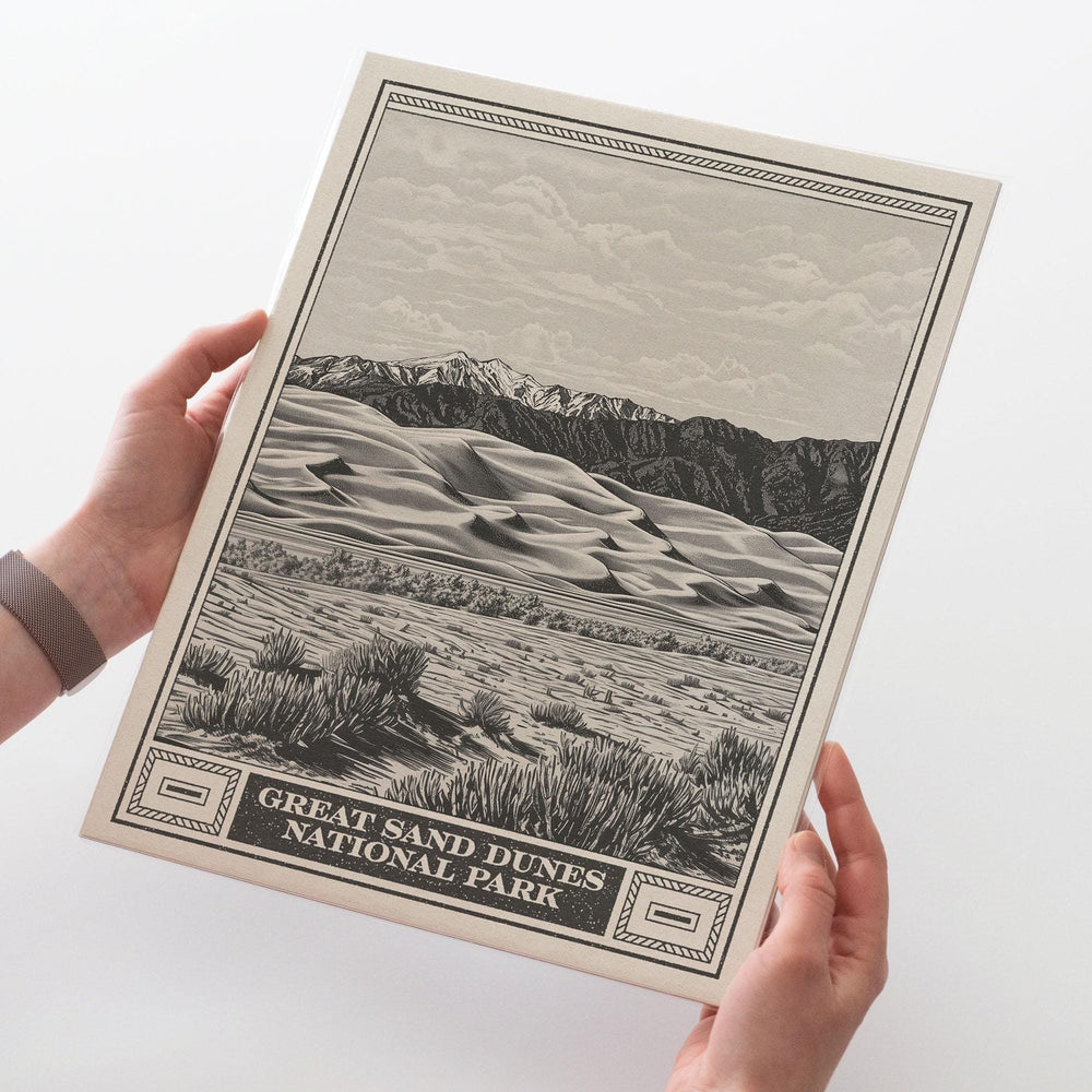 Great Sand Dunes Lithograph Style Print - Vintage Colorado archival matte fine art print. Star Dune Medano Pass Primitive Road. Western Gift