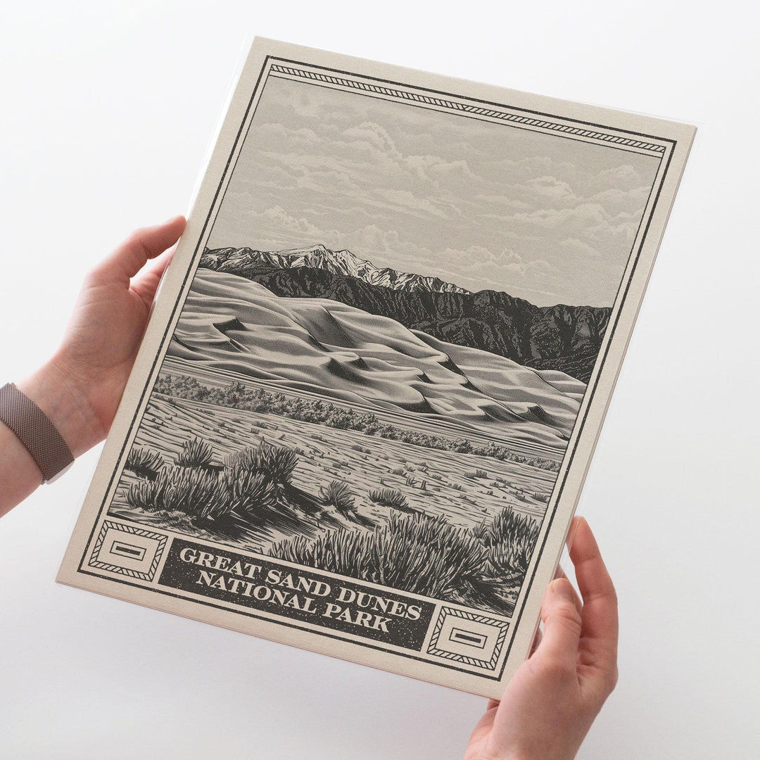 Great Sand Dunes Lithograph Style Print - Vintage Colorado archival matte fine art print. Star Dune Medano Pass Primitive Road. Western Gift