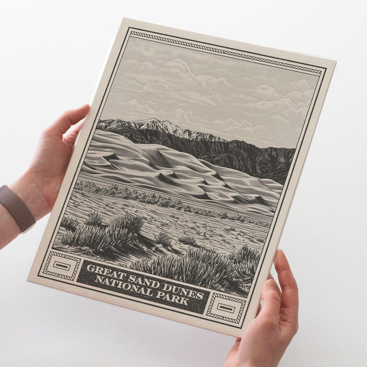 Great Sand Dunes Lithograph Style Print - Vintage Colorado archival matte fine art print. Star Dune Medano Pass Primitive Road. Western Gift