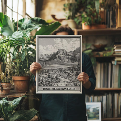 Glacier National Park Lithograph Style Print - Vintage Grinnell Lake Montana archival matte fine art print.  Cliffs of Angel Wing hiker gift