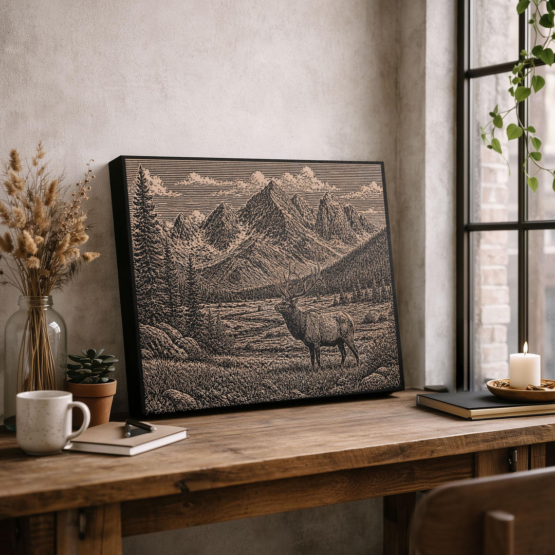 Elk In a Meadow Beneath Peaks Engraved Birch Art Panel