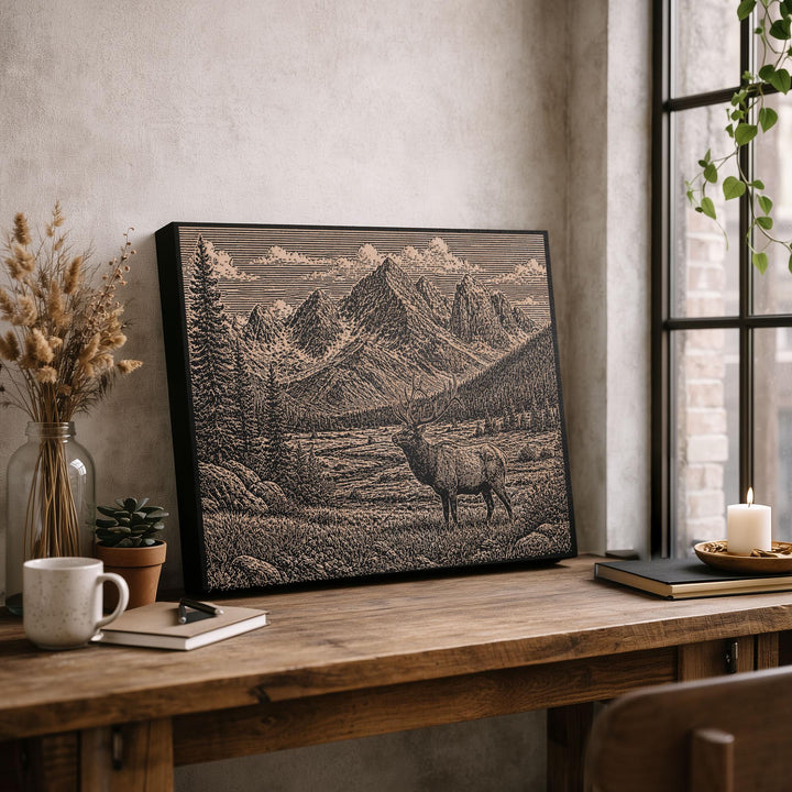 Elk In a Meadow Beneath Peaks Engraved Birch Art Panel