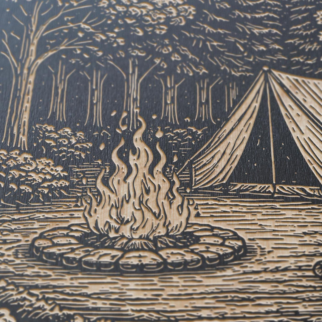 Campfire &amp; Tent in the Woods Engraved Illustration