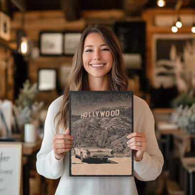 Vintage Hollywood Hills Sign Engraved Illustration
