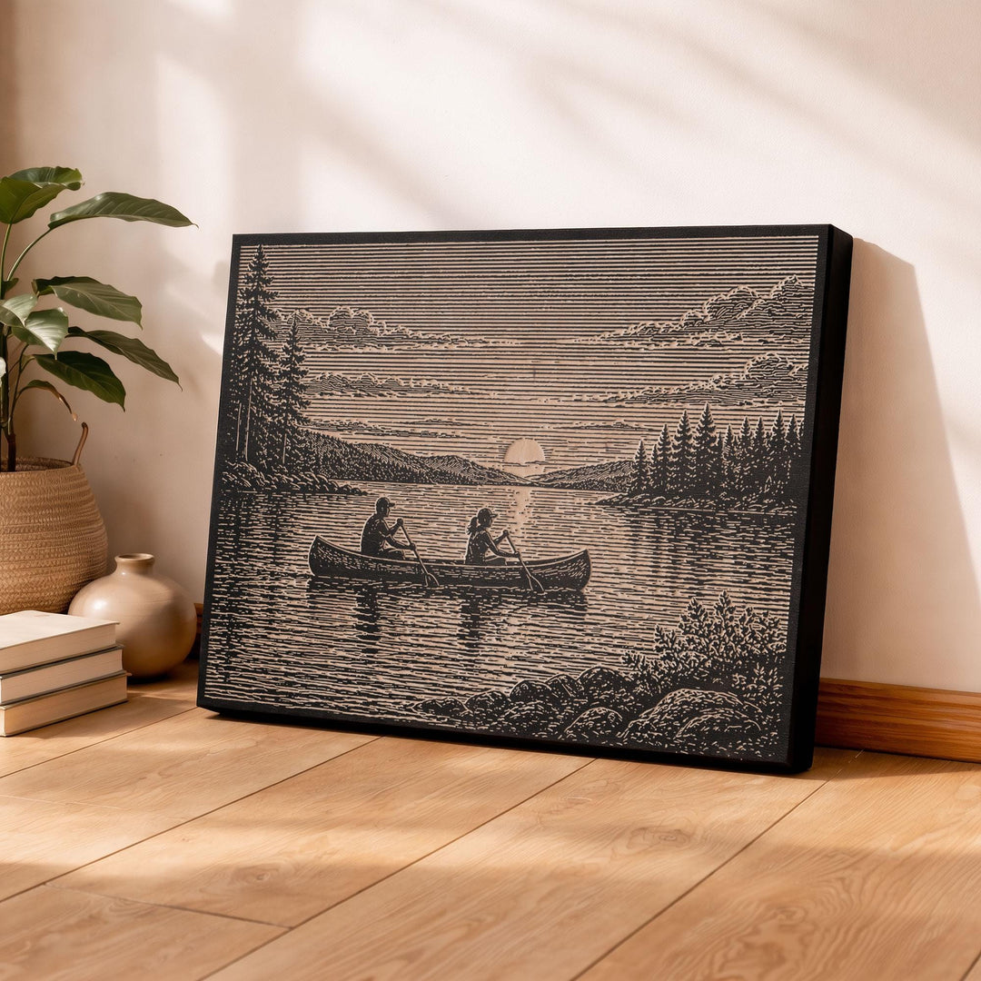 Canoe at Sunset on Calm Lake Engraved Illustration