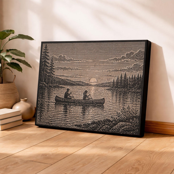 Canoe at Sunset on Calm Lake Engraved Illustration