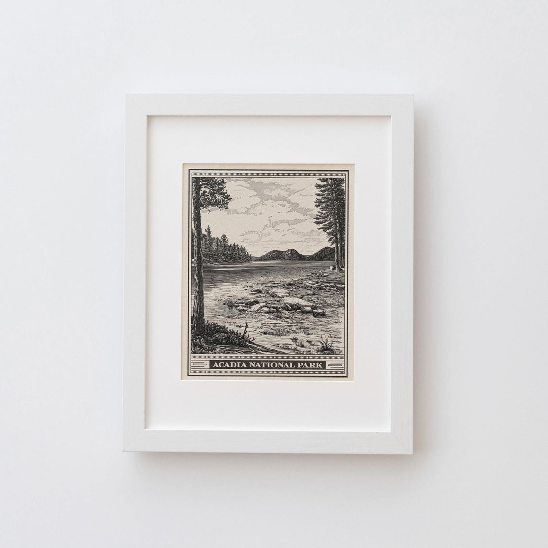 Acadia National Park Jordan Pond Lithograph Style Print - Vintage Maine New England archival matte fine art print. Mount Desert Island gift.