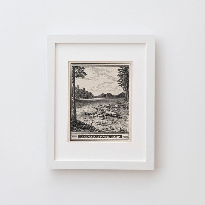 Acadia National Park Jordan Pond Lithograph Style Print - Vintage Maine New England archival matte fine art print. Mount Desert Island gift.