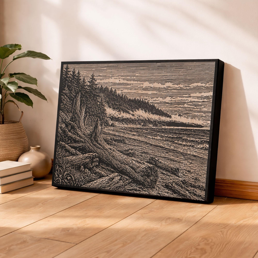 Driftwood Beach and Fog Line Engraved Birch Art Panel