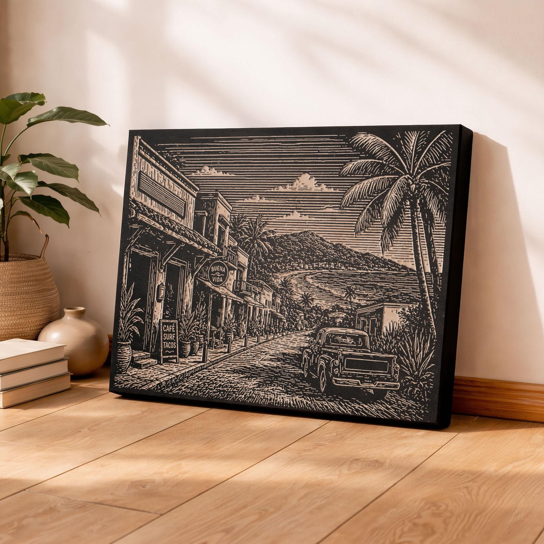Mexican Surf Town Engraved Birch Art Panel