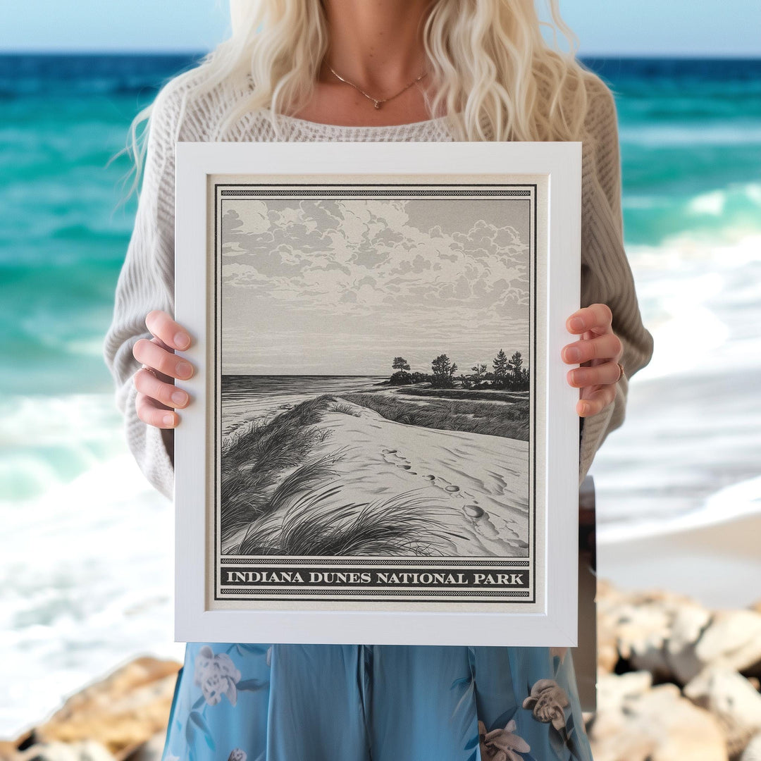 Indiana Dunes National Park Lithograph Style Print - Vintage Indiana archival matte fine art print. Portage Kemil Dunbar Central Beach Gift.