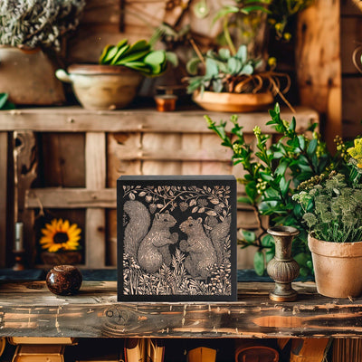 Squirrel Couple Engraved Birch Wood Panel