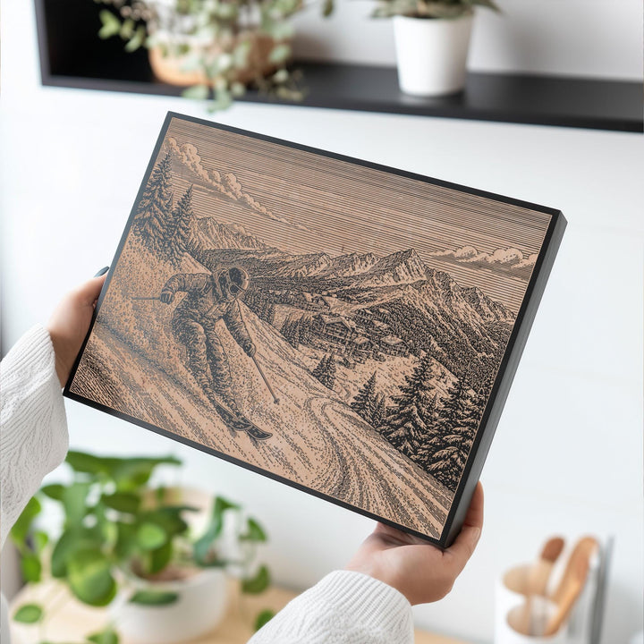 Alpine Skier Engraved Illustration