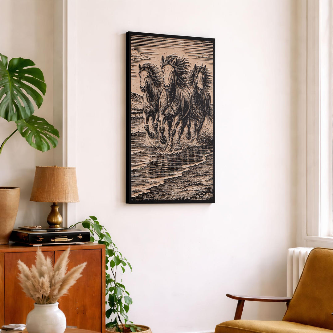 Wild Horses on Beach Engraved Birch Art Panel