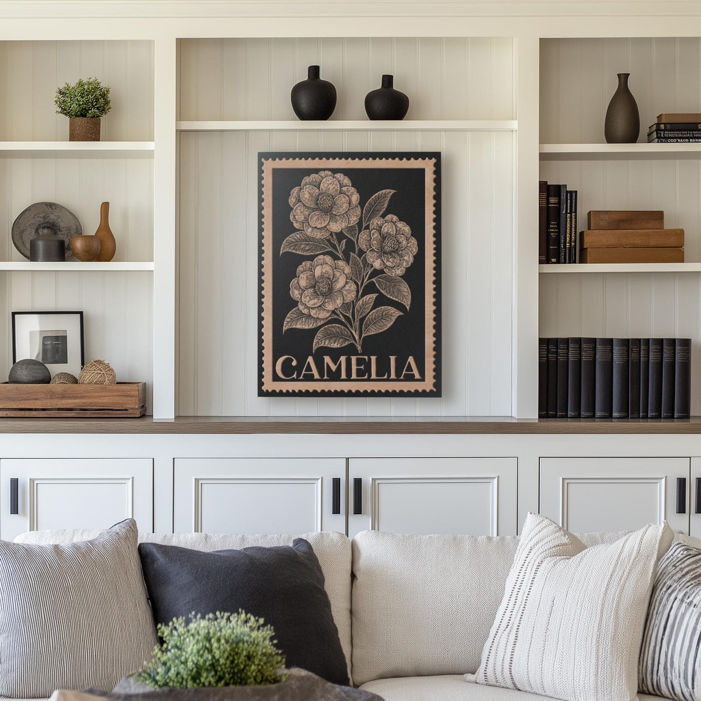 Camelia Floral Wall Art | Engraved Wood Lithograph Style Nature Illustration, Plant Flower Painting Mothers Gift, Vintage Alabama Stamp Art