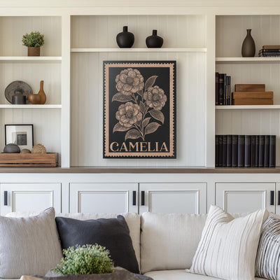 Camelia Floral Wall Art | Engraved Wood Lithograph Style Nature Illustration, Plant Flower Painting Mothers Gift, Vintage Alabama Stamp Art