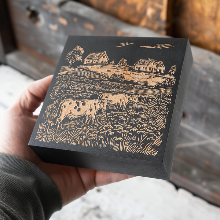 Cows on a Farm Engraved Illustration