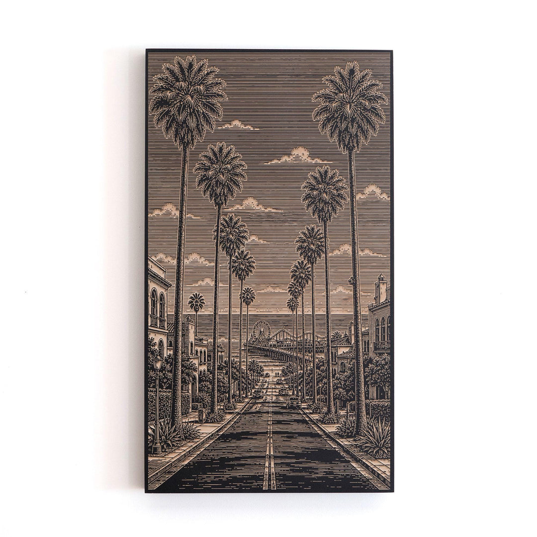 Santa Monica Palm Avenue to Pier Engraved Birch Art Panel