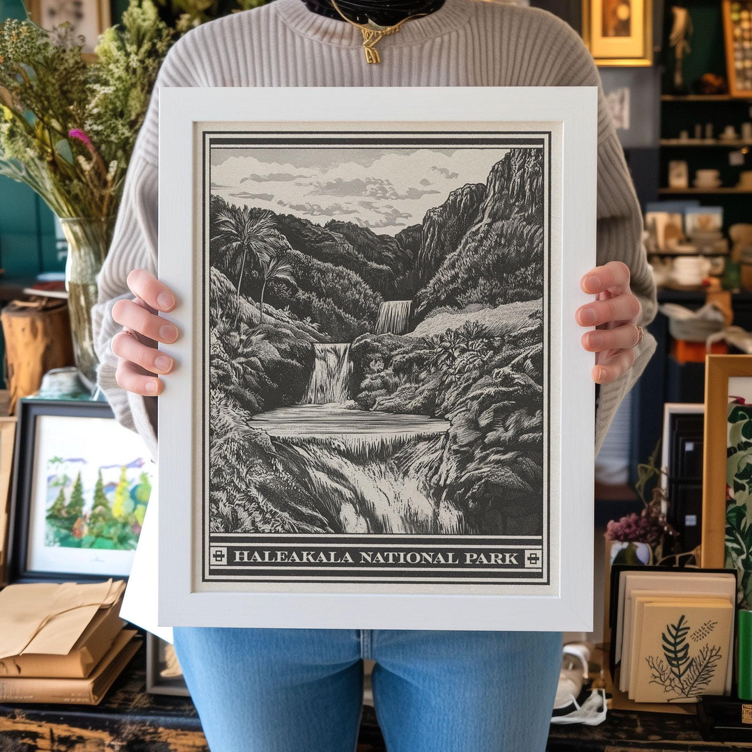 Haleakala National Park Seven Sacred Pools Lithograph Style Print - Vintage Maui Hawaii archival matte fine art print. Gift Waterfall Hawaii