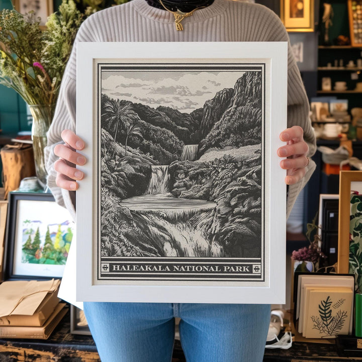 Haleakala National Park Seven Sacred Pools Lithograph Style Print - Vintage Maui Hawaii archival matte fine art print. Gift Waterfall Hawaii