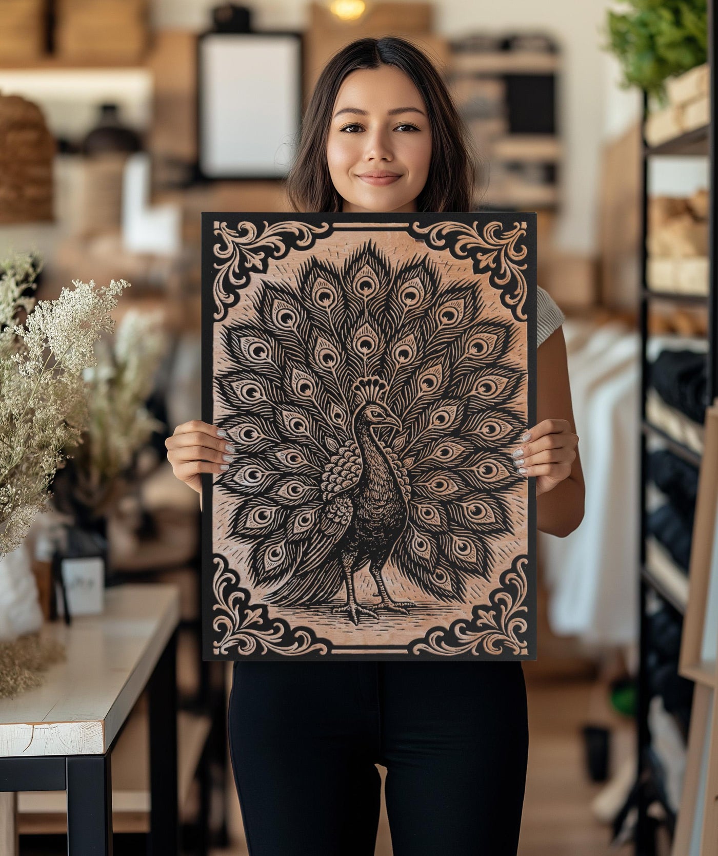 Peacock Engraved Birch Illustration