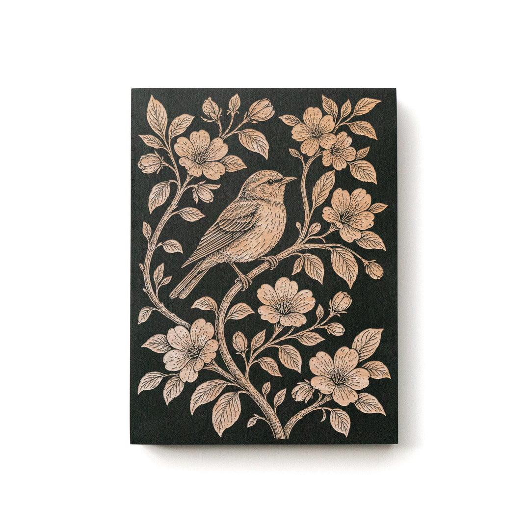 Songbird Perched Among Flowering Branches Engraved Birch Art Panel