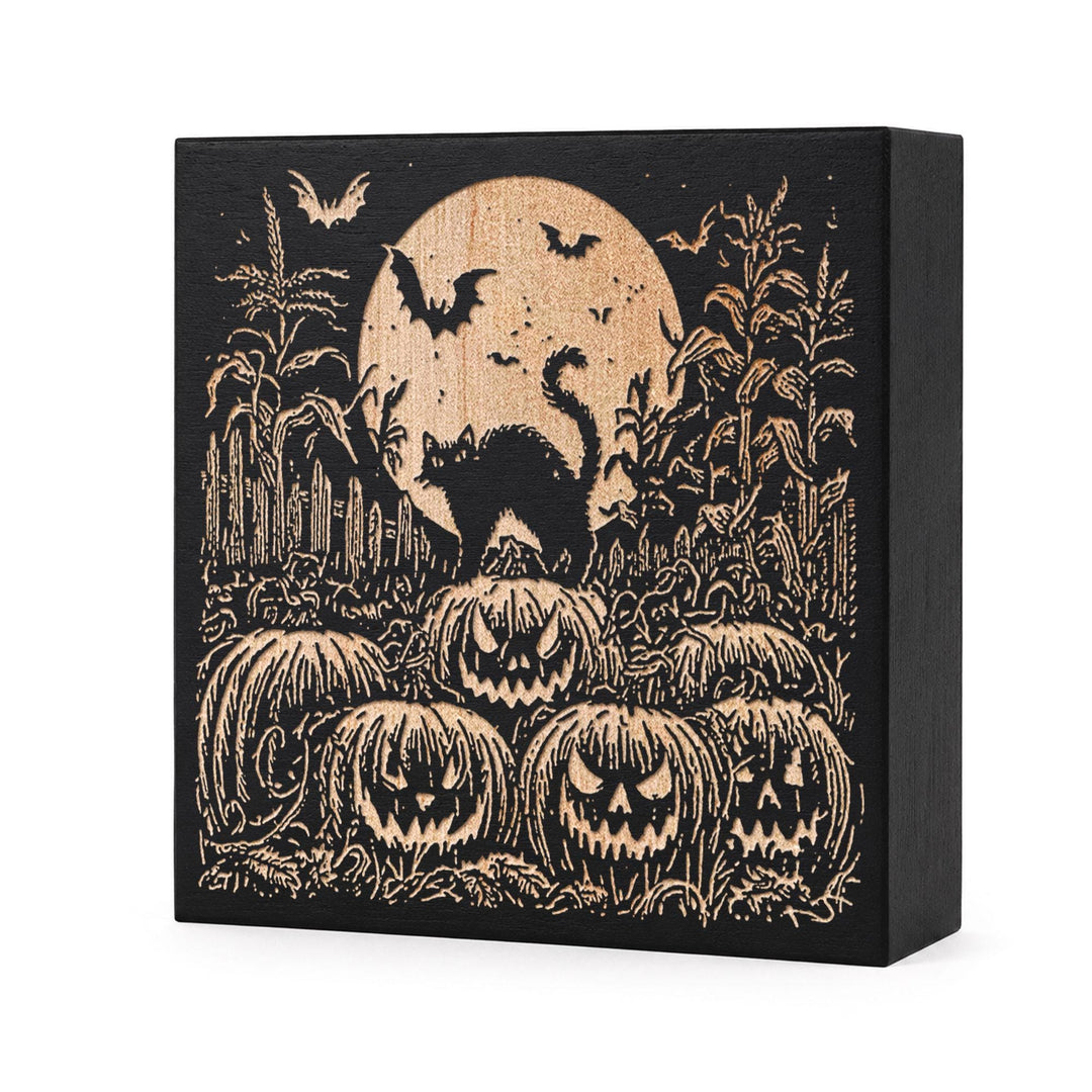 Black Cat Pumpkin Patch Engraved Birch Wood Panel